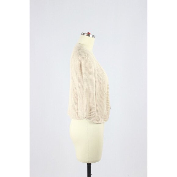 AKRIS PUNTO Beige Cotton Pointelle Knit Open Cardigan Shrug Sweater, Size 10 - Picture 2 of 12